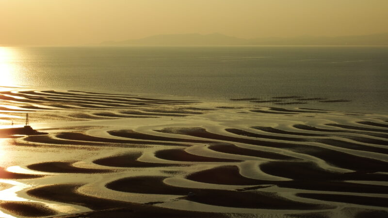 御輿来海岸 高台から眺める干潟と夕日