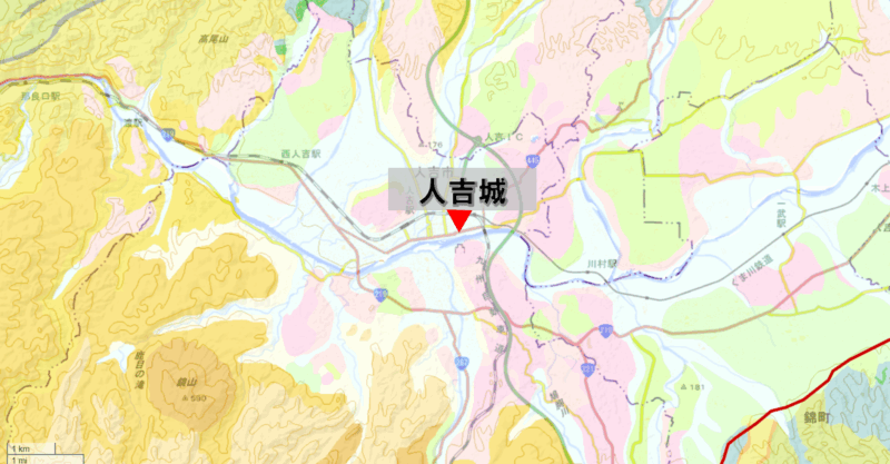 人吉城周辺の地質図(日本シームレス地質図V2を加筆)