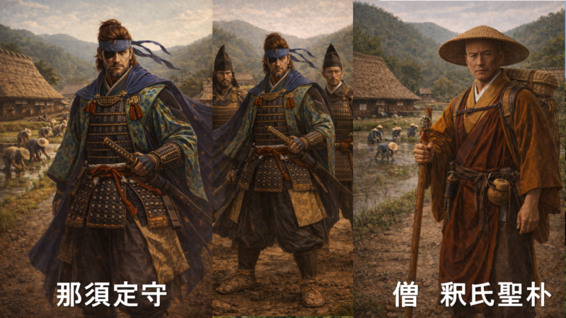 熊野古道沿線の山道を進む様子を示す図。古道を介した往来の視点