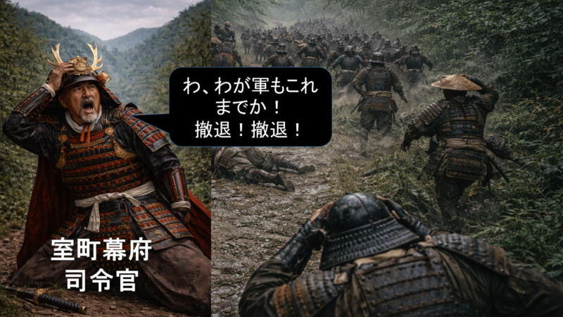 損耗した軍勢が退却する局面を示す図。戦力低下の描写