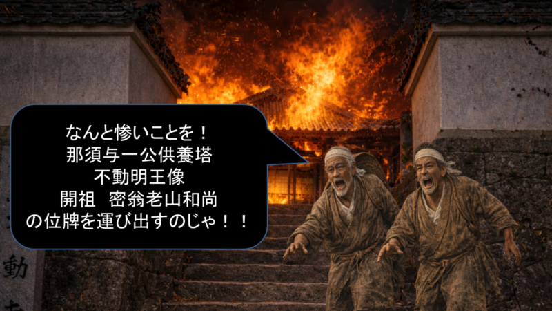 不動寺で起きた出来事を示す図。場面転換の挿図