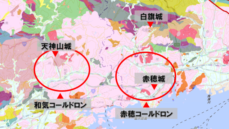 赤穂市周辺の地質図。流紋岩帯が広く分布していることが分かる